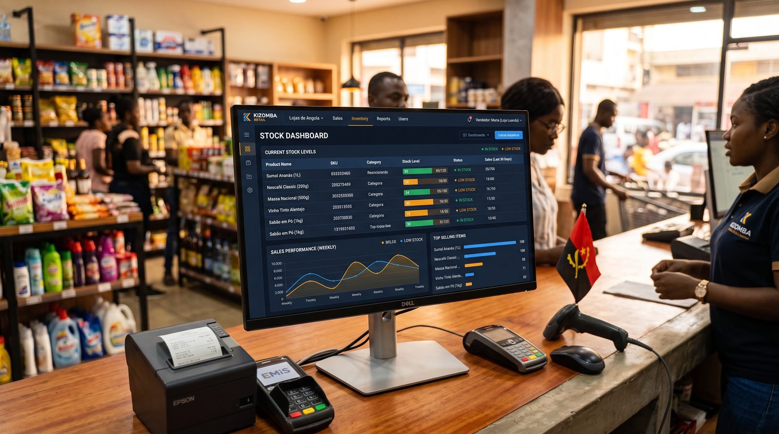 Software Wiwitrack de gestão de stock e vendas num balcão de loja em Luanda